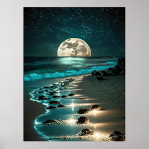 Beautiful Full Moon Beach Ocean Starry Night Poster
