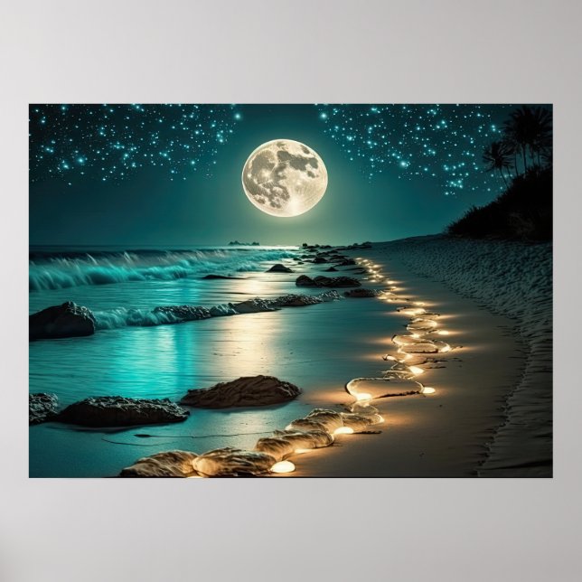 Beautiful Full Moon Beach Ocean Starry Night Poster (Front)