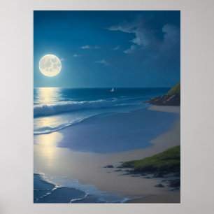 Beautiful Full Moon Ocean Art Poster