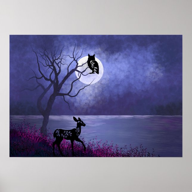 Beautiful Full Moon over Water with Owl and Deer Poster (Front)