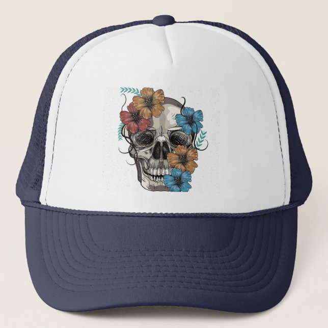 Beautiful funny dead Mexican Women head Skull Trucker Hat (Front)
