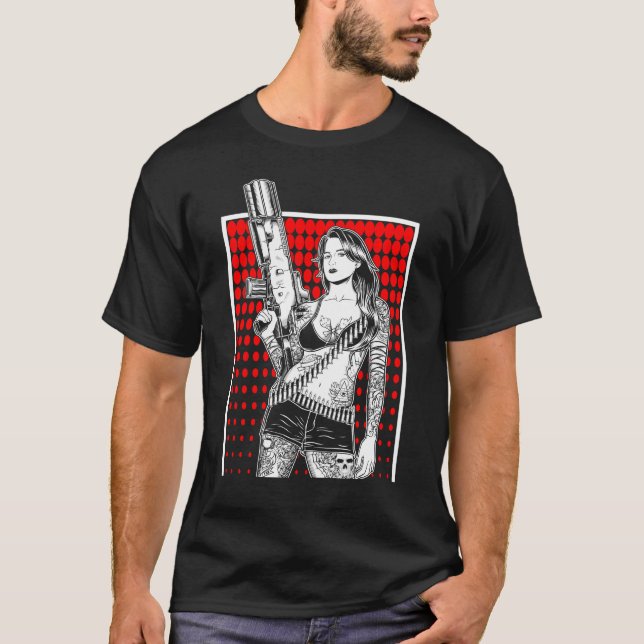 Beautiful Gangster Girl Criminal with Gun Gift T-Shirt (Front)