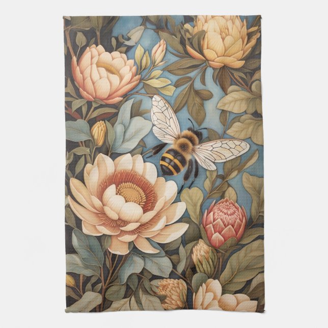 Beautiful Garden Bee With Protea Flowers Tea Towel (Vertical)