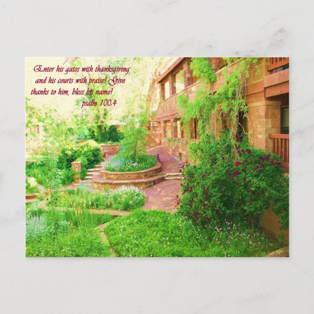Beautiful Garden Courtyard Photo with Bible Verse Postcard (Front)