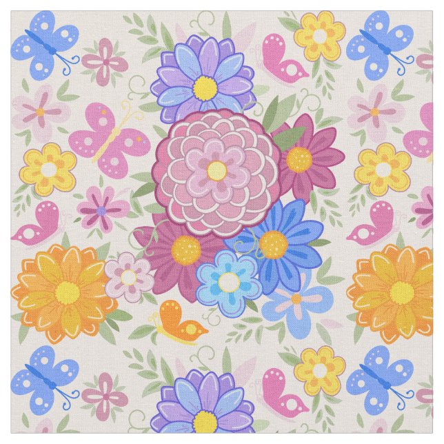 Beautiful Garden Wild Flowers daisies Hand Draw Fabric (Close Up)