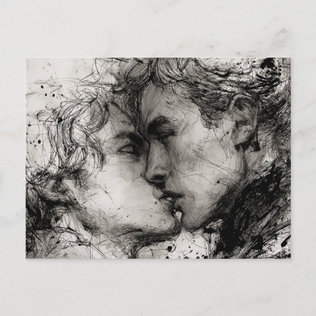 Beautiful Gay Love The Kiss in Black and White Postcard (Front)