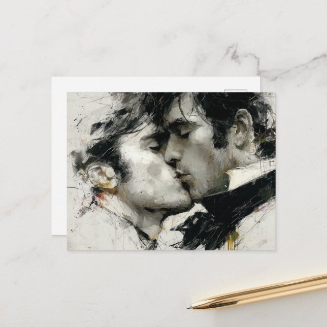 Beautiful Gay Men Kiss in Black and White Postcard (Front/Back In Situ)