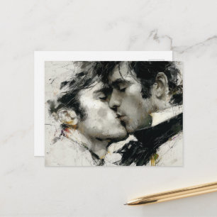 Beautiful Gay Men Kiss in Black and White Postcard