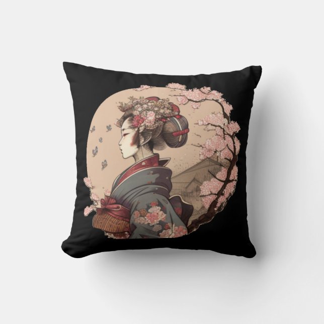 Beautiful Geisha Geiko Geigi Cherry Blossom Sakura Cushion (Front)