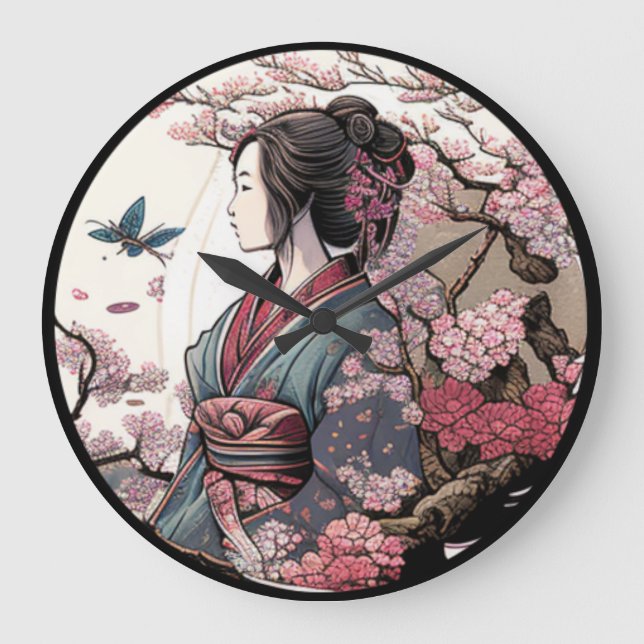 Beautiful Geisha Geiko Geigi Cherry Blossom Sakura Large Clock (Front)