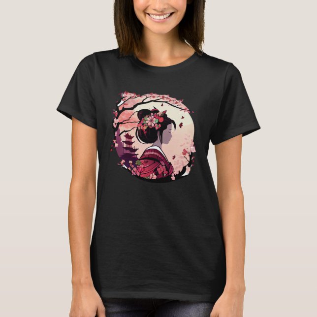 Beautiful geisha lady cherry blossom flowers pagod T-Shirt (Front)