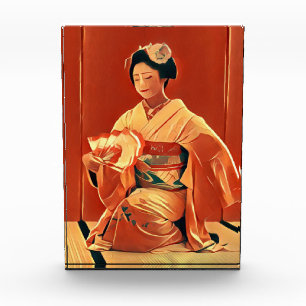 Beautiful Geisha with Fan Red and Yellow Artwork Photo Block