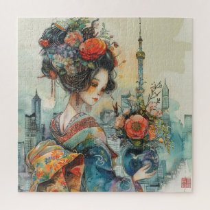 Beautiful Geisha with Flowers Jigsaw Puzzle