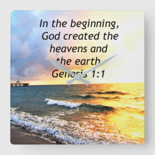 BEAUTIFUL GENESIS 1:1 BIBLE QUOTE DESIGN SQUARE WALL CLOCK