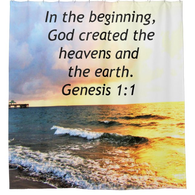 BEAUTIFUL GENESIS 1:1 BIBLE QUOTE SUNRISE PHOTO SHOWER CURTAIN (Front)