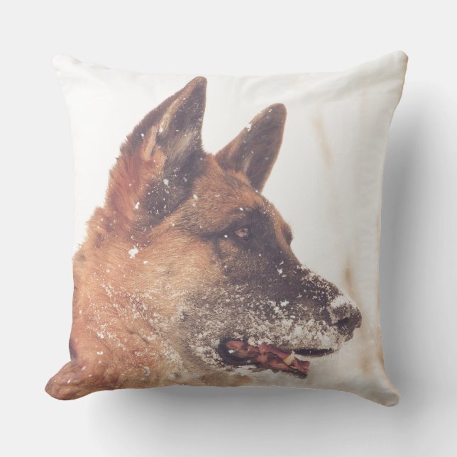 Beautiful German Shepherd in the Snow Throw Pillow (Front)
