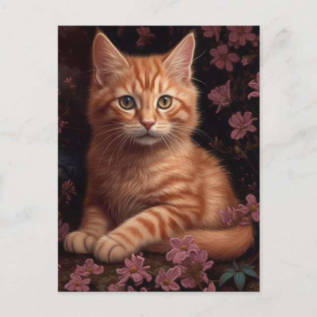 Beautiful Ginger Kitten With Pink Flowers Postcard (Front)