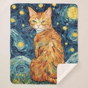 Beautiful Ginger Tabby Cat in the Starry Night Sherpa Blanket
