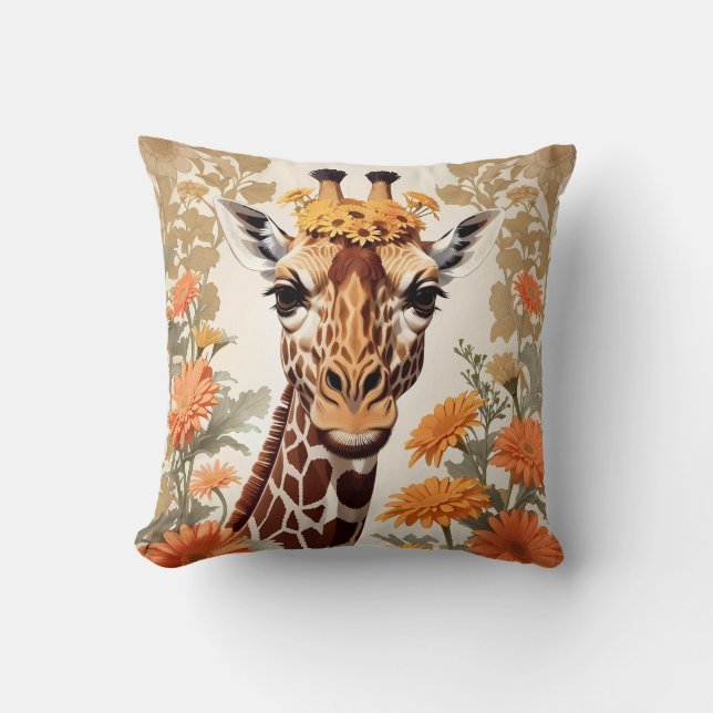 Beautiful Giraffe and Gerbera Daisy Flowers Cushion (Front)