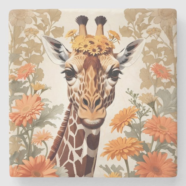 Beautiful Giraffe and Gerbera Daisy Flowers Stone Coaster (Front)