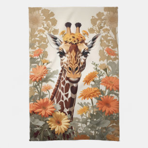 Beautiful Giraffe and Gerbera Daisy Flowers Tea Towel
