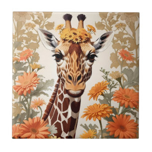Beautiful Giraffe and Gerbera Daisy Flowers Tile
