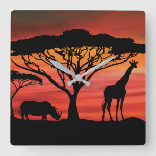 Beautiful Giraffe and Rhinoceros in the Serengetti Square Wall Clock