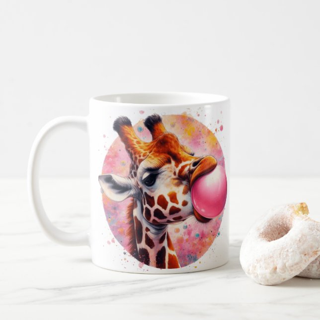 beautiful giraffe blowing bubblegum coffee mug (With Donut)