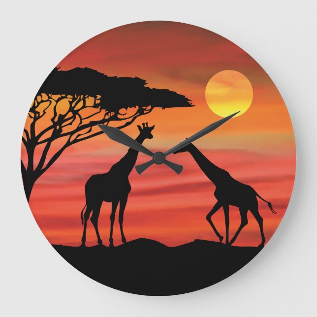 Beautiful Giraffes in the Serengeti Sunset Large Clock (Front)