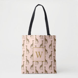 Beautiful Giraffes Monogram Initial Pink  Tote Bag