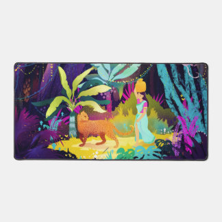 Beautiful girl and a leopard desk mat