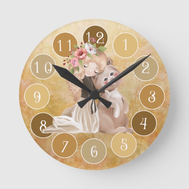 Beautiful Girl and Bear Lovely Illustration Round Clock (Front)