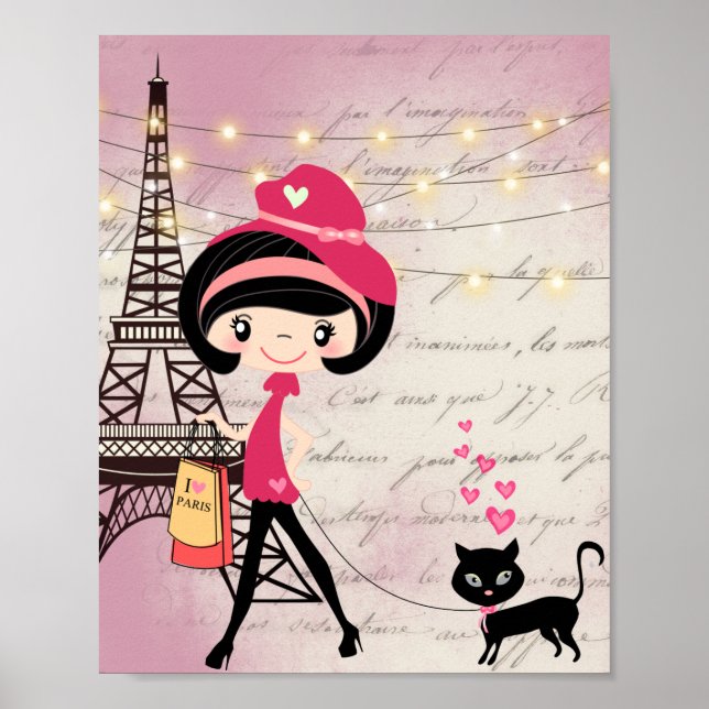 Beautiful Girl and Cat in Paris Eiffel Tower Poster (Front)