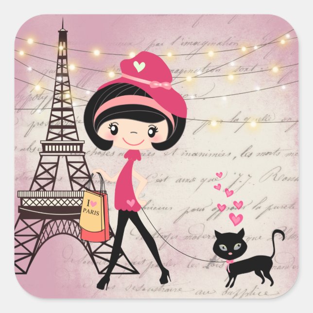 Beautiful Girl and Cat in Paris Eiffel Tower  Square Sticker (Front)
