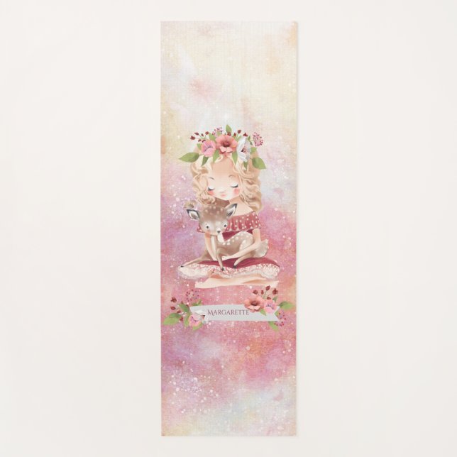 Beautiful Girl and Deer Lovely Illustration Yoga Mat (Front)