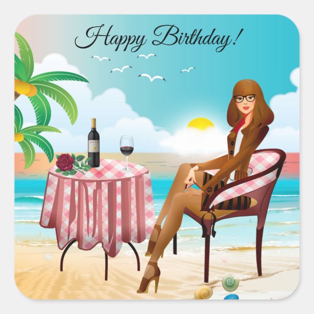Beautiful Girl At The Beach Birthday Square Sticker (Front)
