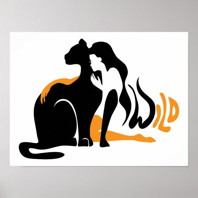 Beautiful girl, big black cat Panther illustration Poster (Front)