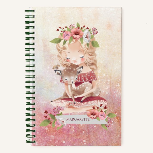 Beautiful Girl Deer Lovely Floral Illustration  Notebook (Front)