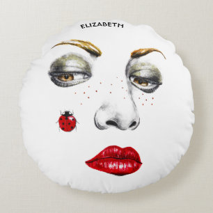 Beautiful Girl Face Drawing With Ladybug Round Cushion
