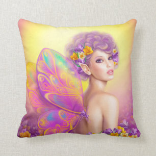 Beautiful girl fairy butterfly at pink and purple cushion