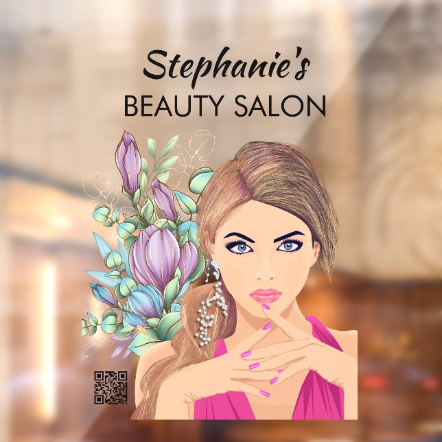 Beautiful Girl &Flower Beauty Salon With QR Code Window Cling (Sheet 2)