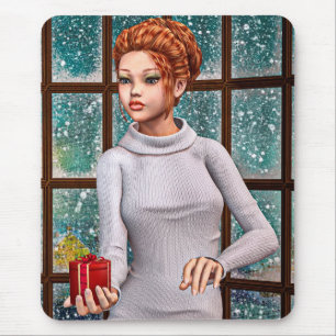 Beautiful Girl Holding a Christmas Gift Mouse Mat