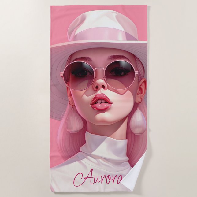 Beautiful Girl in a pink sunglasses Beach Towel (Front)