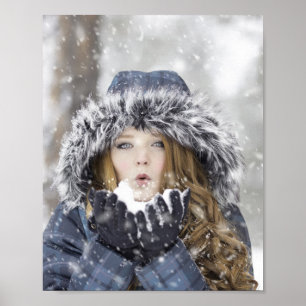 Beautiful Girl in a Winter Coat with Snow Poster