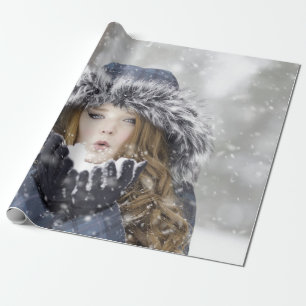 Beautiful Girl in a Winter Coat with Snow Wrapping Paper