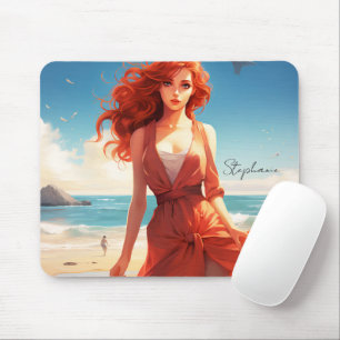 Beautiful Girl In Red At The Beach Mouse Mat