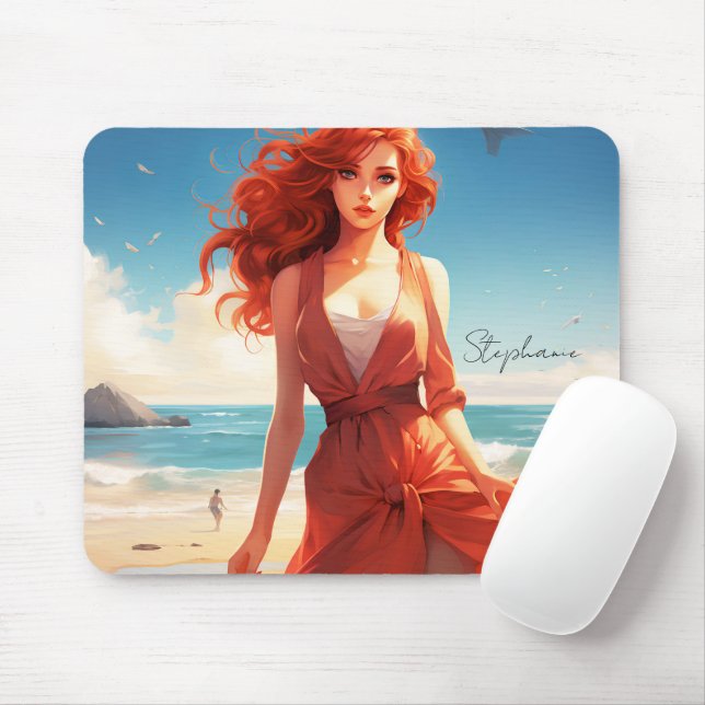 Beautiful Girl In Red At The Beach Mouse Mat (With Mouse)