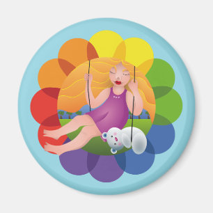 Beautiful girl on swing and her bear magnet