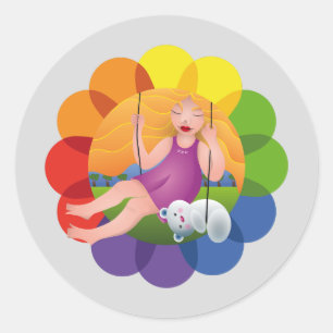 Beautiful girl on swing with her bear classic round sticker