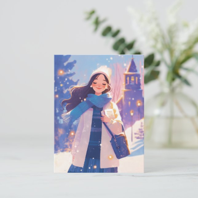 Beautiful Girl Walking on Winter Street Holiday Postcard (Standing Front)